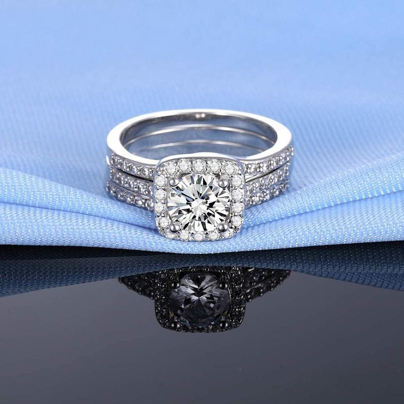 GEMSME 1.5 CT Round Cut Classic  Three-in-One 3 Pieces Set Halo Wedding Engagement Set Promise Eternity Ring for Women R-0969