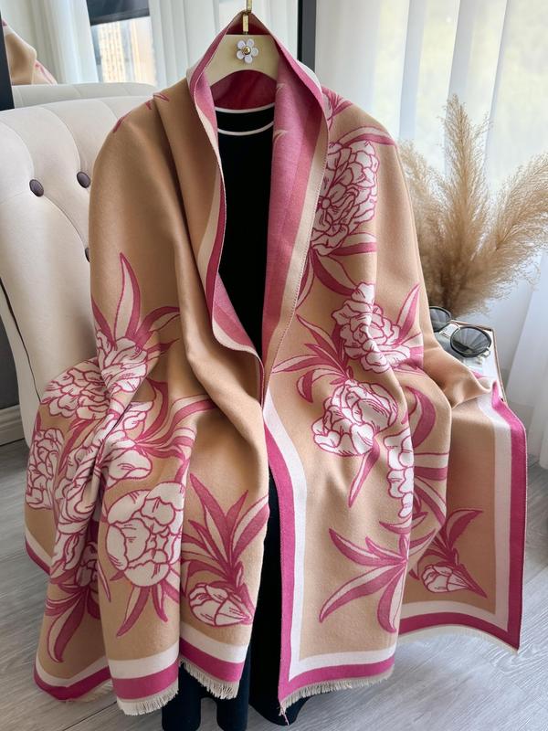 Floral Print Tassel Decor Shawl, Casual Soft Warm Long Scarf for Fall & Winter, Fashion Accessories for Women & Girls