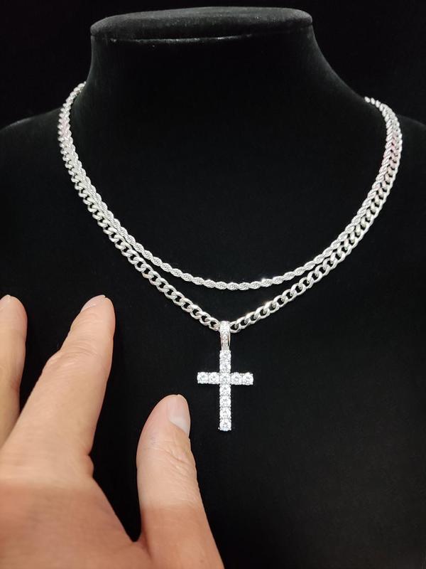 2024 Hip Hop Twist Chain Necklace & Rhinestone Cross Pendant Necklace, Birthday Gift for Bestie, Stainless Steel Matching Necklace Jewelry, Back To School Accessories, Fall Outfits, Fall Freshness Streetwear Mascs