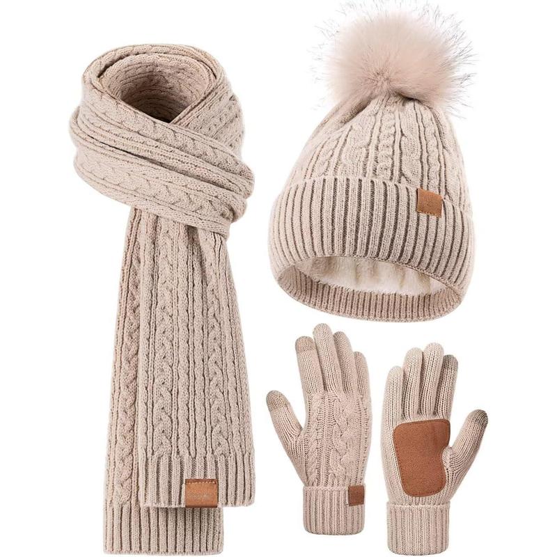 Winter Beanie Hat Scarf Gloves Set for Women, Pom Pom Beanie Fleece Lined Knit Neck Warmer Touchscreen Gloves 3 in 1 Gift Set