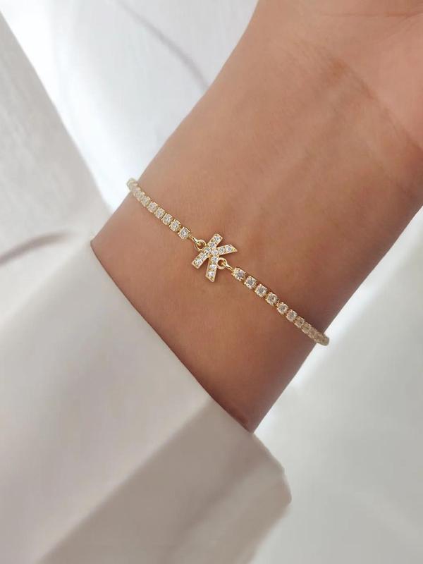 Fashion Rhinestone Decorated Letter Detail Initial Link Bracelet, Temperament Elegant Adjustable Chain Bracelet for Women for Gift