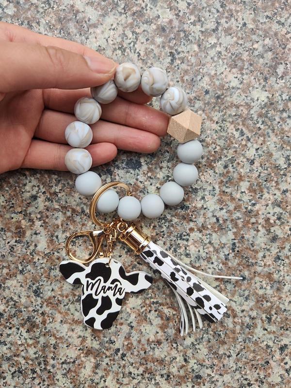 Fashion Colorblock Cow Pattern Tassel Design Beaded Keychain for Women for Gift, Trendy Car Keychain, Creative Clothes Cute Kawaii Accessories, Wristlet Keychain