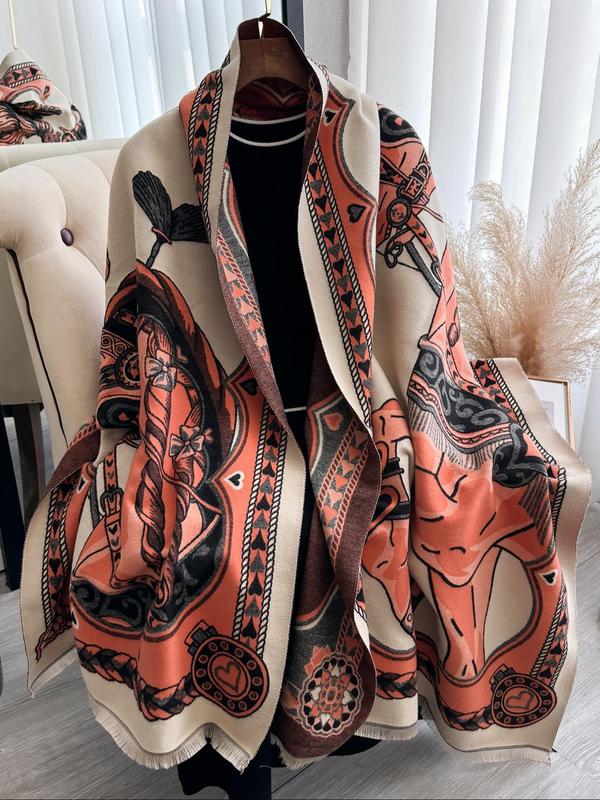 Double Sided Horse Print Tassel Decor Shawl, Casual Soft Warm Long Scarf for Fall & Winter, Fashion Accessories for Women & Men