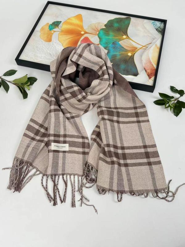 Vintage Plaid Pattern Fringe Trim Design Scarf, Elegant Soft Warm Shawl for Women & Men, Fashion Accessories for Daily Wear