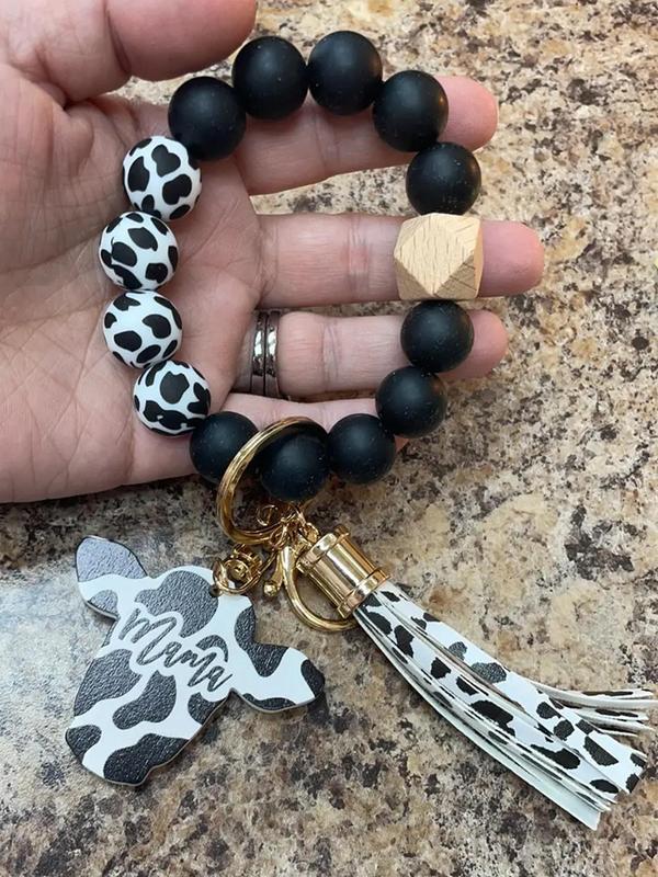 Fashion Colorblock Cow Pattern Tassel Design Beaded Keychain for Women for Gift, Trendy Car Keychain, Creative Clothes Cute Kawaii Accessories, Wristlet Keychain