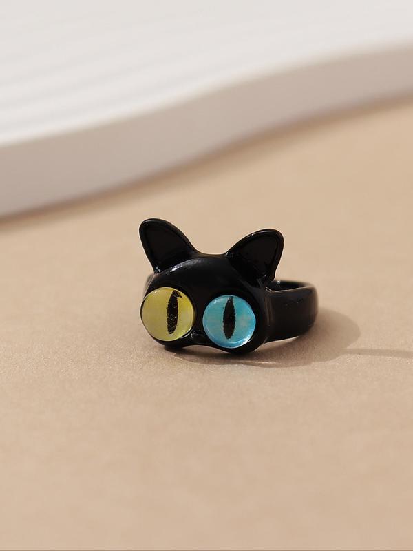 Cute Cartoon Cat Shaped Design Cuff Ring, Creative Animal Eye Decor Zinc Alloy Ring for Women, Fashion Accessories for Party, Elegant All-match Fashion Accessories for Daily Wear