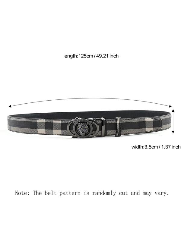 Men's Tiger Head Decor Automatic Buckle Real Designer Belt, Business Casual Plaid Pattern Pu Leather Belt for Work Office, Fashion Waistband for Party, Daily Clothing Decor