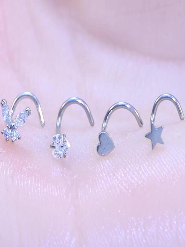 Mixed Style Rhinestone Decor Nose Rings, Cute Nose Piercing Jewelry for Women & Girls, Body Jewelry for Party, Daily Clothing Decor