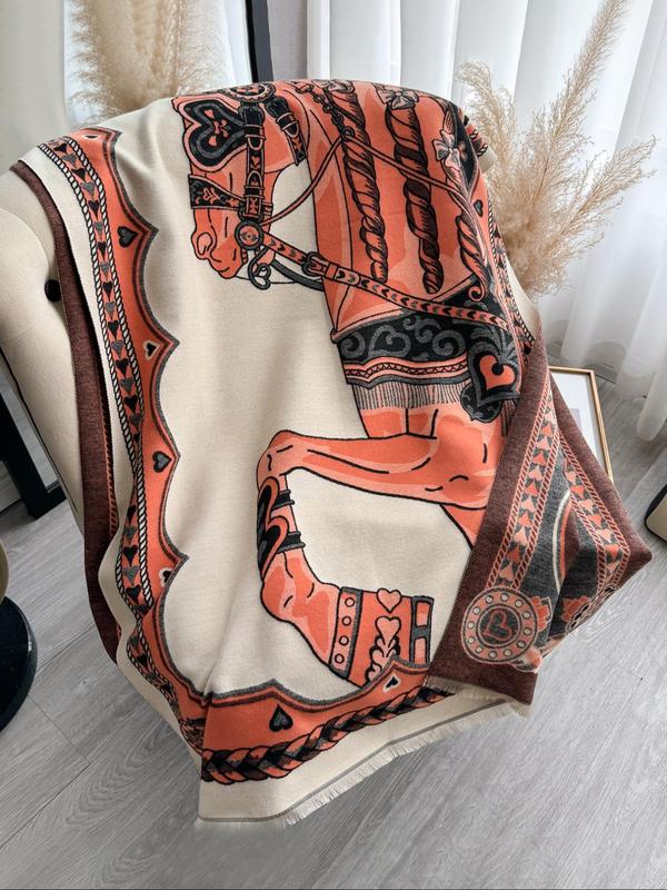 Double Sided Horse Print Tassel Decor Shawl, Casual Soft Warm Long Scarf for Fall & Winter, Fashion Accessories for Women & Men