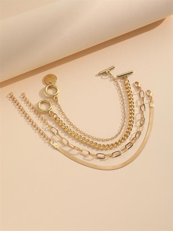 4pcs Set Simple Vintage Round Buckle Charm Alloy Chain Bracelet, Women's Fashion Casual Versatile Jewelry Accessories