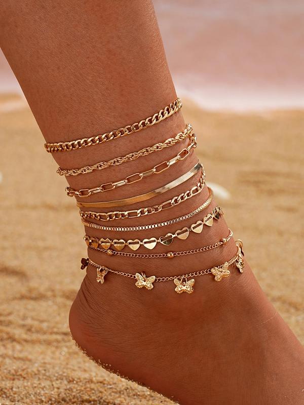 Women's Summer Elegant Anklet Set, Includes Shell & Rhinestone & Butterfly & Heart & Star & Turtle & Beaded Decor, Fashion Jewelry for Party, Daily Clothing Decor, Trendy All-match & Exquisite Jewelry for Birthday Gift