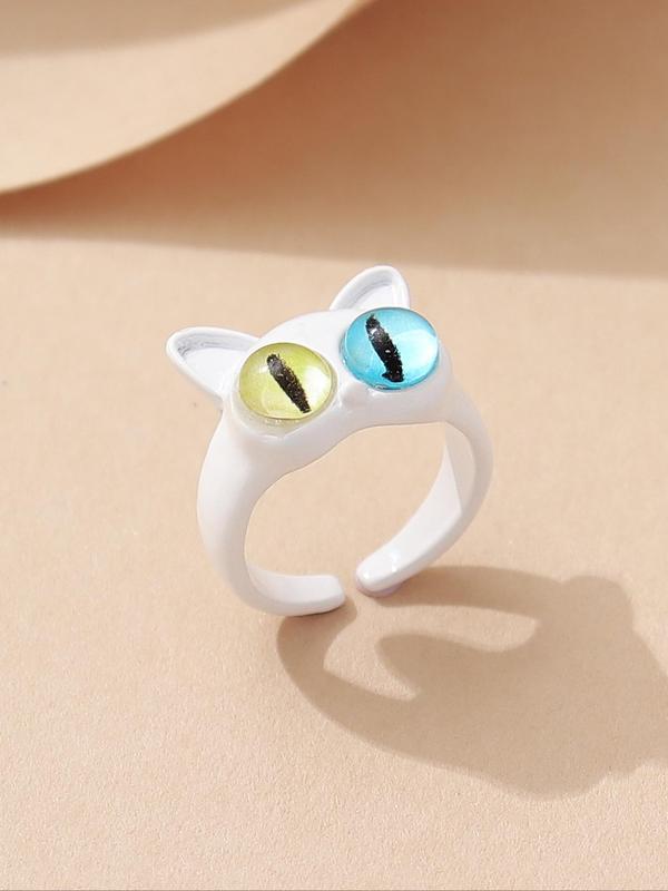 Cute Cartoon Cat Shaped Design Cuff Ring, Creative Animal Eye Decor Zinc Alloy Ring for Women, Fashion Accessories for Party, Elegant All-match Fashion Accessories for Daily Wear