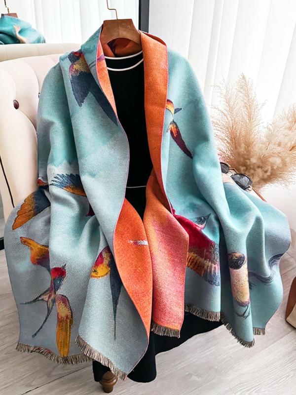 Women's Colorblock Bird Print Scarves, Casual Soft Warm Shawl for Fall & Winter, Fashion Accessories for Daily Wear