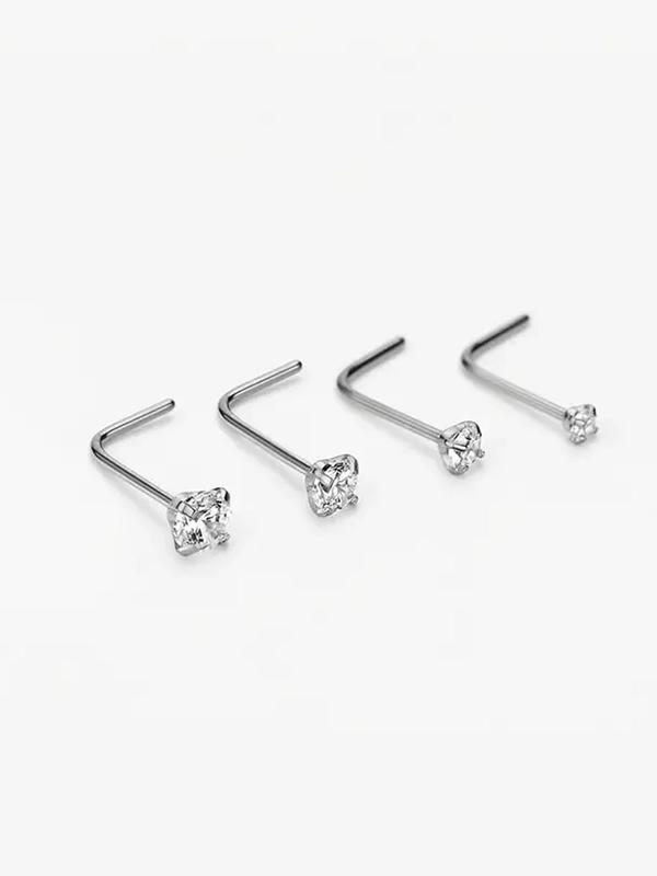 Rhinestone Decorated Nose Studs, 6pcs L Shaped Piercing Nose Rings, Stainless Steel Nose Studs, Body Piercing Jewelry for Women & Men