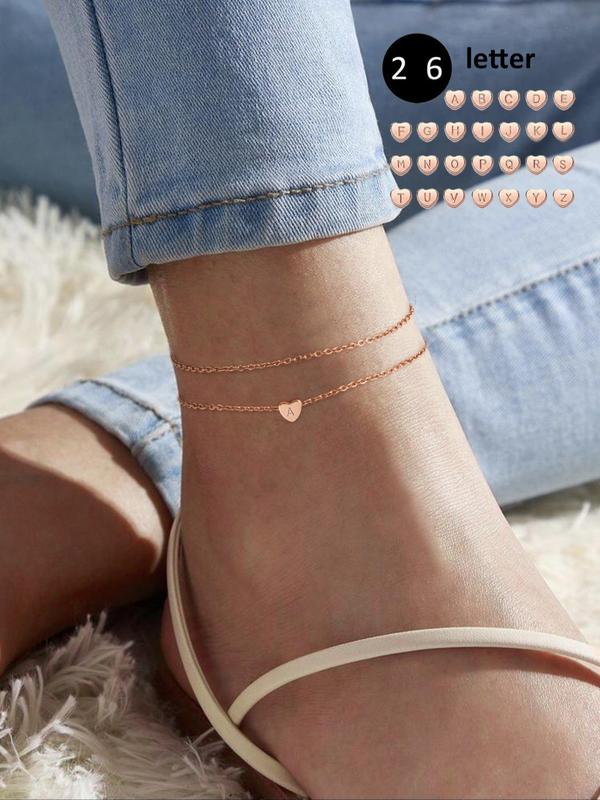 Letter Charm Link Anklet for Women for Gift, 1 Count Rhinestones Heart Decor Layered Anklet, Stainless Steel Matching Jewelry