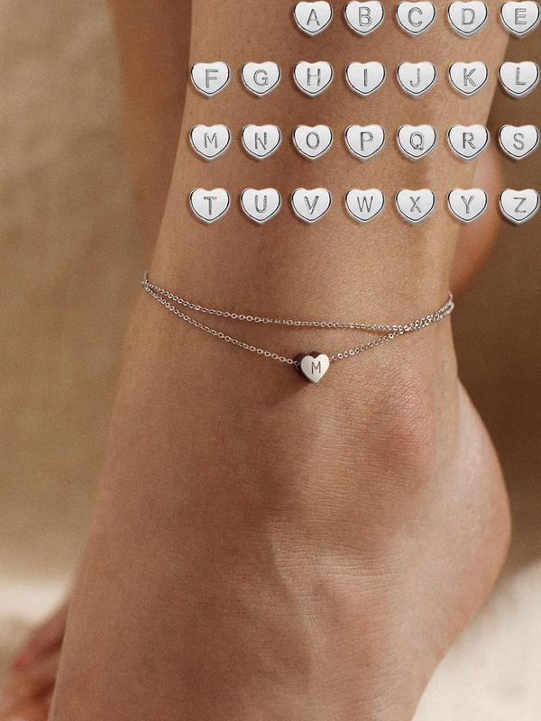 Letter Charm Link Anklet for Women for Gift, 1 Count Rhinestones Heart Decor Layered Anklet, Stainless Steel Matching Jewelry