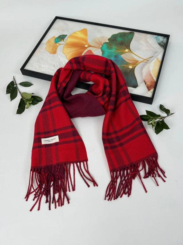 Vintage Plaid Pattern Fringe Trim Design Scarf, Elegant Soft Warm Shawl for Women & Men, Fashion Accessories for Daily Wear