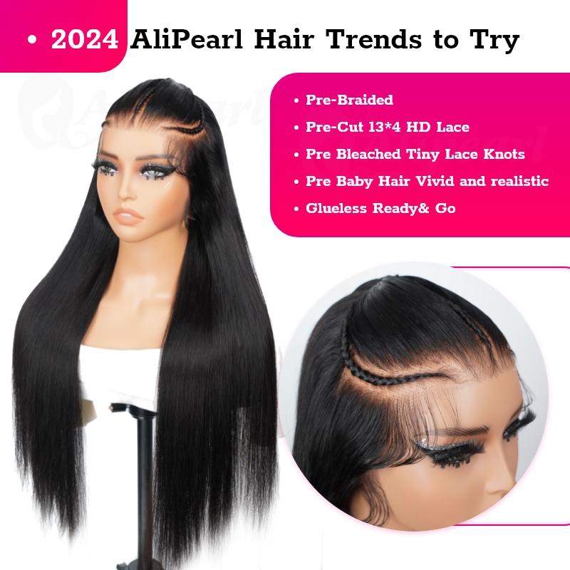 Alipearl Hair Pre Braided Wig Stylist Pre Cut Ready To Go Glueless Straight 13x6 Lace Human Hair Lace Frontal Wig Half Up and Down Bob Wigs Pre Styled