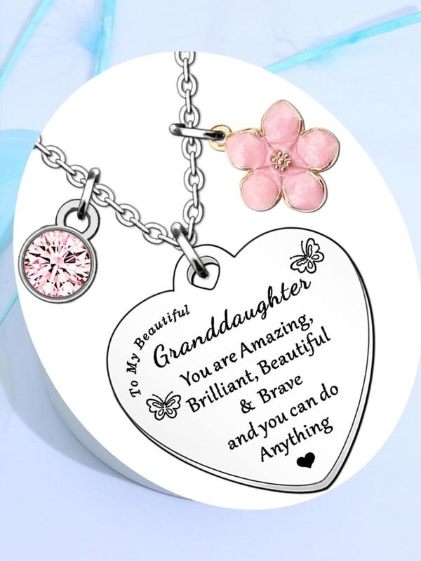 Cute Heart Shaped Pendant Necklace with Rhinestones & Flower Decor, Fashion Jewelry Accessories for Granddaughter As Gift