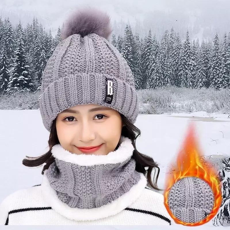 2024 New 2 Pieces Set Women's Knitted Hat Scarf Caps Neck Warmer Winter Hat for Women