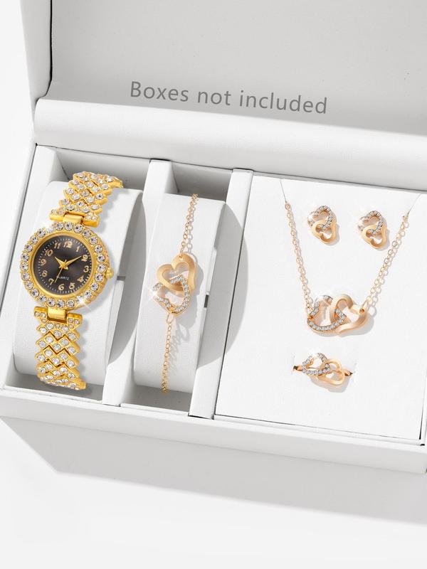 Women's Elegant Rhinestone Decorated Quartz Watch & Heart Design Jewelry Set,  Trendy Wristwatch & Pendant Necklace & Dangle Earrings & Ring & Bracelet, Gorgeous Jewelry Set As Gift without Box