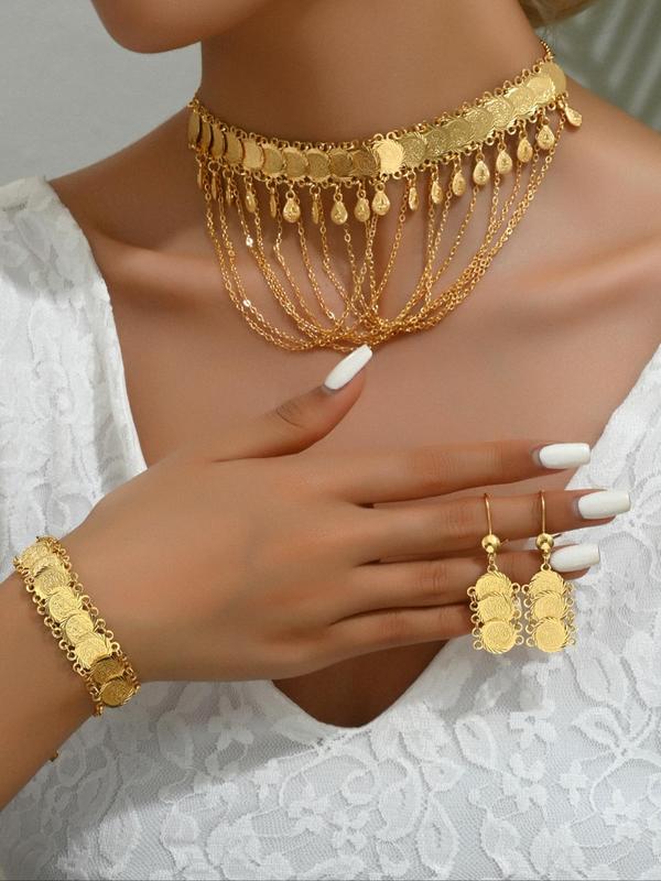 Women's Elegant Fashion Jewelry Set, Trendy Exquisite Chain Tassel Necklace & Dangle Earrings & Bracelet, Chic Jewelry Set for Party Decoration