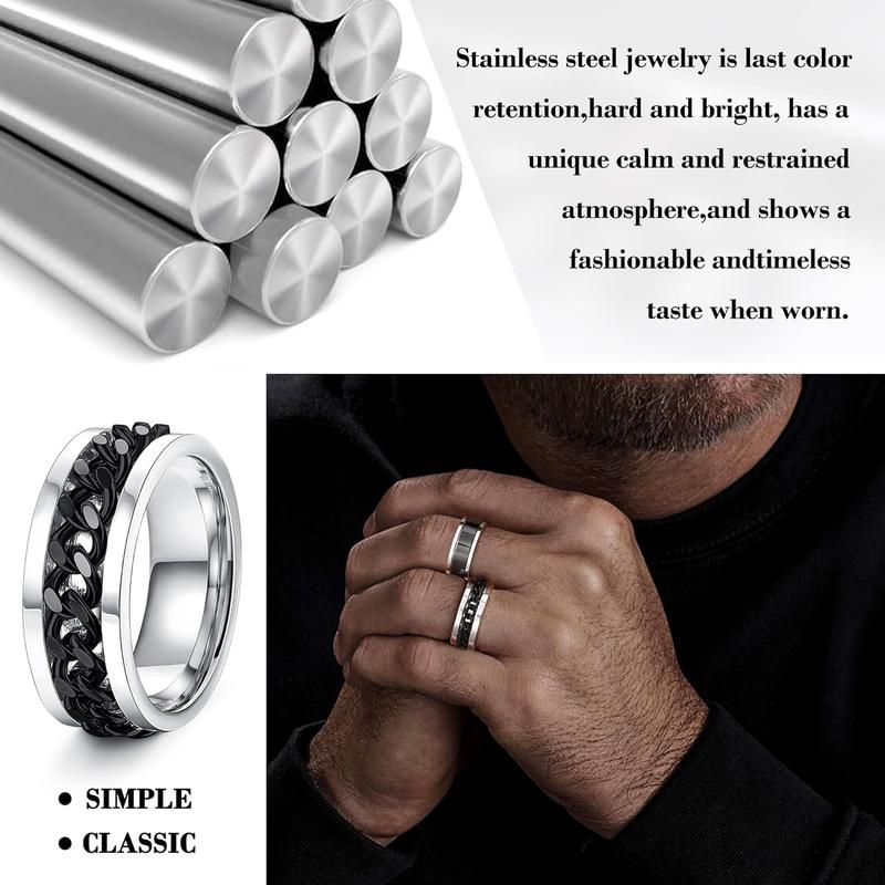 16Pcs Stainless Steel Fidget Rings for Men Women Stress Anxiety Relief Rings Black Cool Chain Band Spinner Rings Set for Wedding Promise Mens Rings Pack