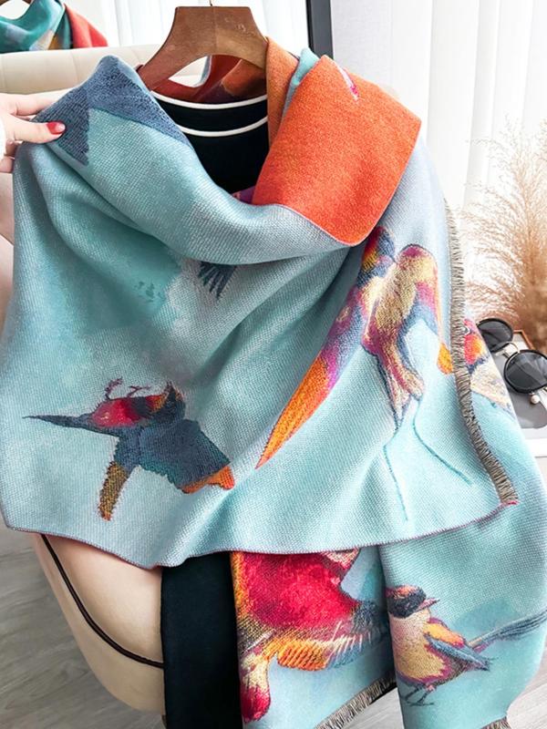 Women's Colorblock Bird Print Scarves, Casual Soft Warm Shawl for Fall & Winter, Fashion Accessories for Daily Wear