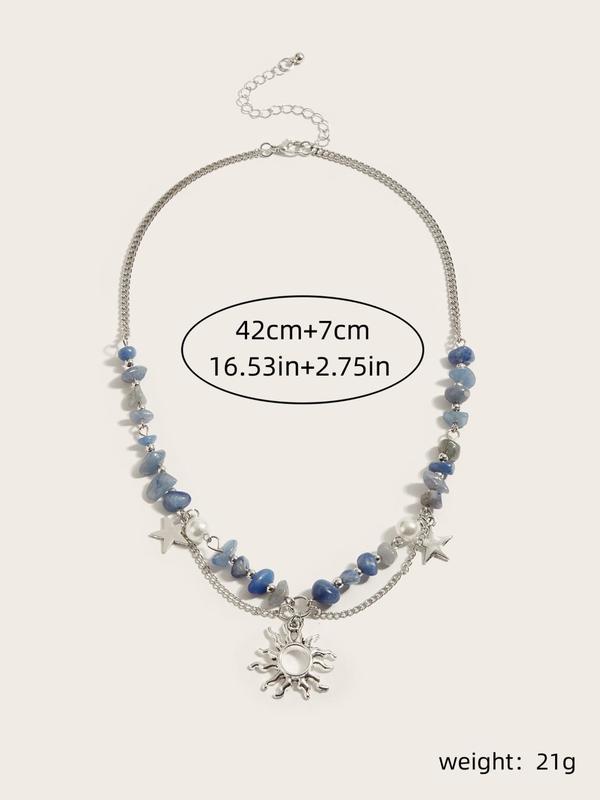 Faux Pearl Decorated Star Design Pendant Necklace for Women, Fashion Solid Color Stone Decor Sun Pendant Necklace, Trendy Jewelry Gift for Party, Daily Clothing Decor for Girl