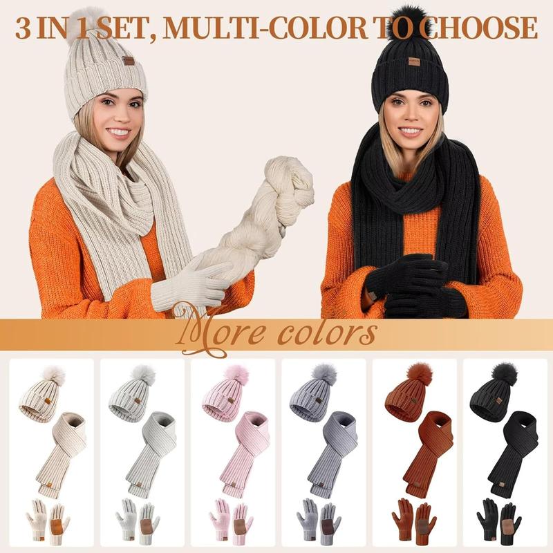 Winter Beanie Hat Scarf Gloves Set for Women, Womens Beanie with Pom Pom Long Scarf Neck Warmer Touchscreen Gloves 3 in 1 Set