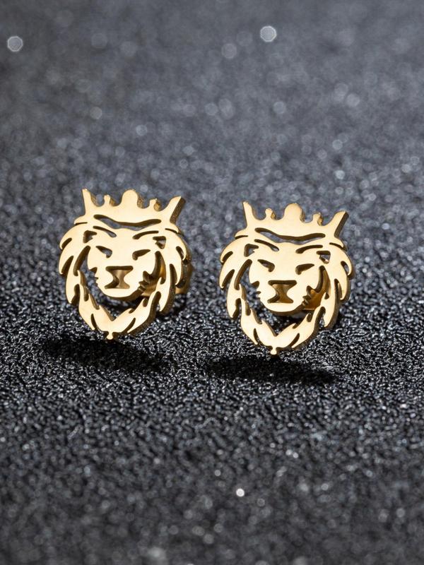 Lion Design Stud Earrings (1 Pair), Fashion Personality Stainless Steel Hollow Crown Lion Animal Stud Earrings for Men Women, Punk Charms Hypoallergenic Jewelry