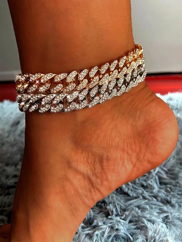 Punk Style Rhinestone Decorated Cuban Link Anklet Bracelet, Fashion Jewelry for Party, Daily Decor, Trendy All-match & Exquisite Jewelry for Birthday Gift