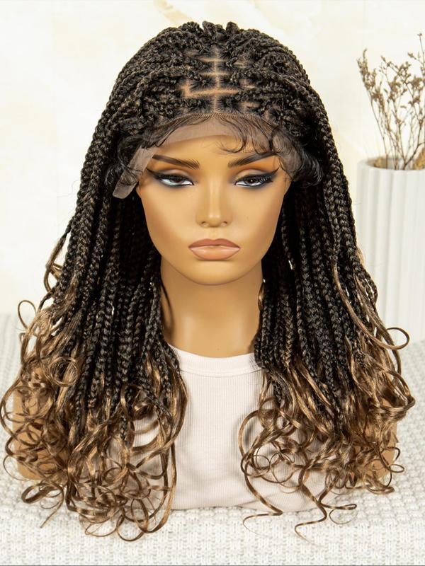 20 Inch Black & Brown Long Braided Lace Wigs for Women, Heat Resistant Gorgeous Fluffy Wigs with Baby Hair Bangs, Synthetic Wigs for Party, Daily Use