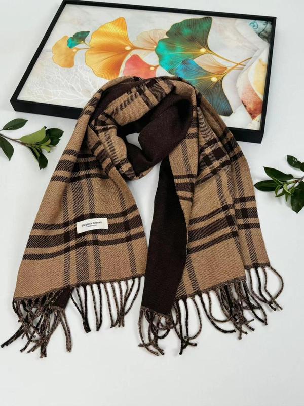 Vintage Plaid Pattern Fringe Trim Design Scarf, Elegant Soft Warm Shawl for Women & Men, Fashion Accessories for Daily Wear