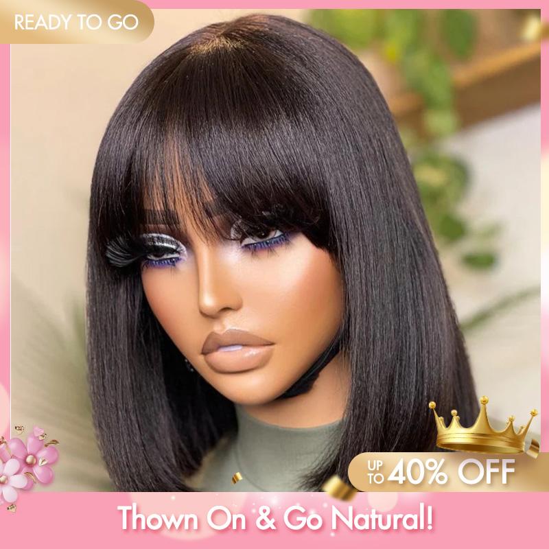 LUVME Put On And Go Realistic Glueless Yaki Straight Bob With Bangs Minimalist Undetectable HD Lace Wig