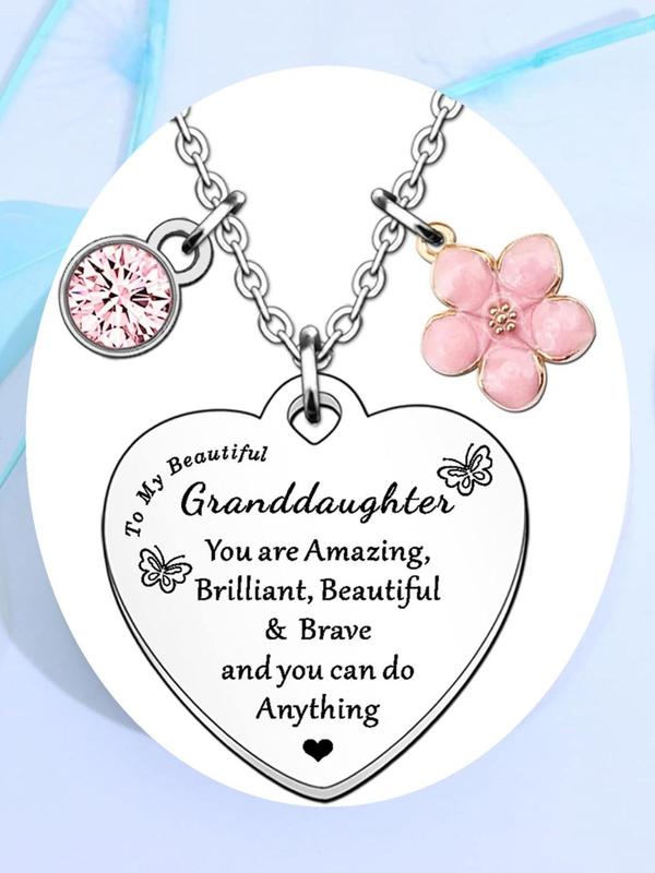 Cute Heart Shaped Pendant Necklace with Rhinestones & Flower Decor, Fashion Jewelry Accessories for Granddaughter As Gift