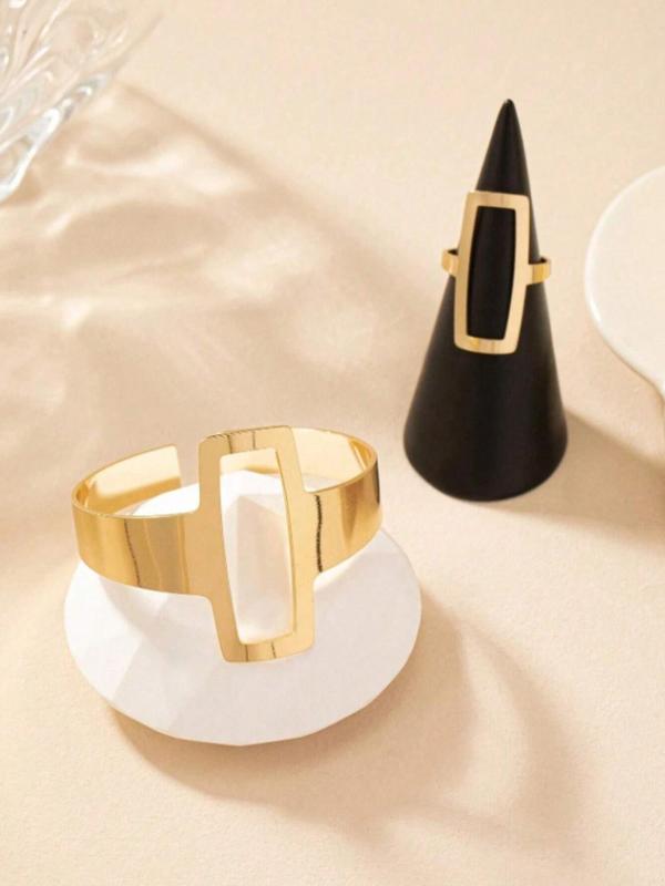 Fashion Simple Geometric Square Design Jewelry Set, Hollow Out Ring & Bracelet, Fashion Jewelry for Party, Daily Clothing Decor, Trendy All-match & Exquisite Jewelry for Birthday Gift