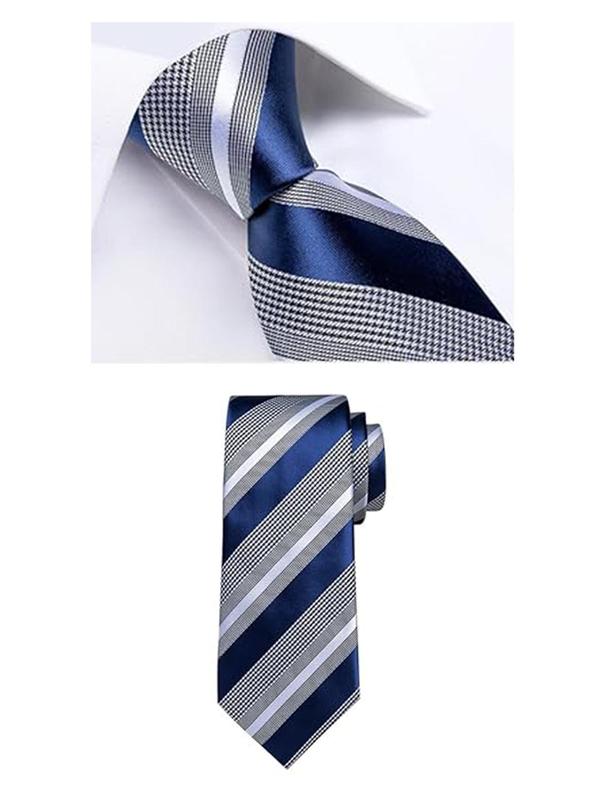 Men's Business Style Tie & Pocket Square & Cufflinks Tie Clip Set, Striped Pattern Set, Fashion Accessories for Men for Work Office