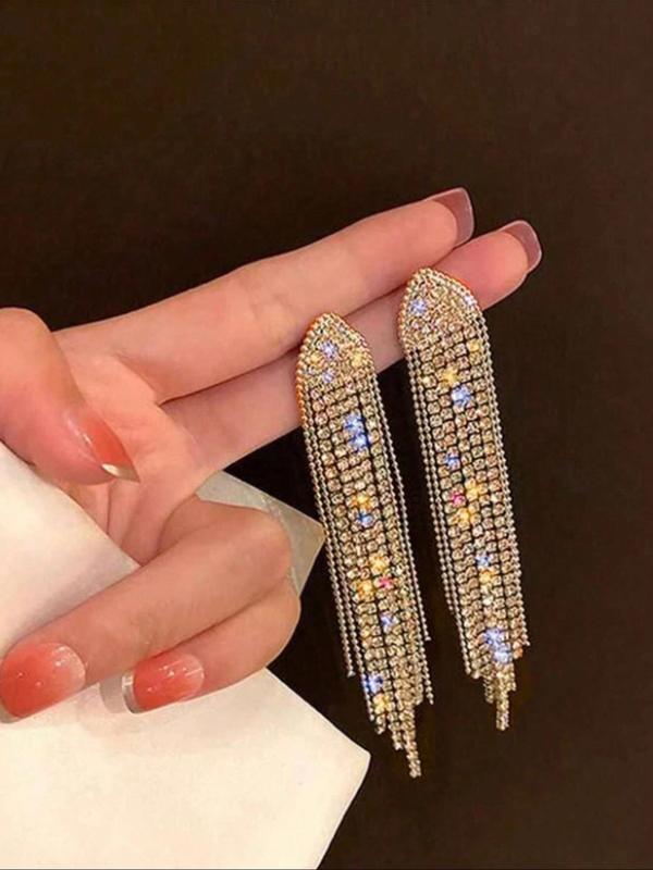 Rhinestone Decor Tassel Stud Earrings (1 Pair), Elegant Long Stud Earrings for Women, Party, Daily Clothing Decor, Trendy Jewelry for Birthday Gift