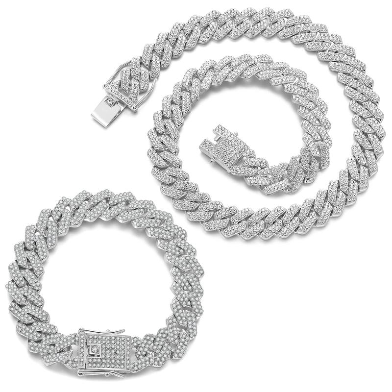 2-pack Cuban necklace and bracelet set hip-hop style jewelry set fashion Cuban chain dragon beard buckle design 14mm necklace suitable for party gatherings, Christmas and Halloween gifts