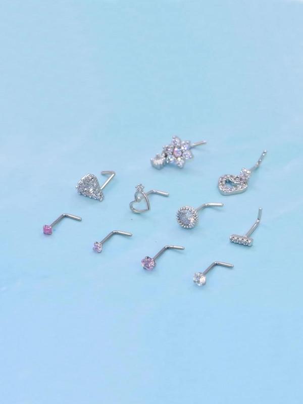 Rhinestone Decor Nose Ring, 33pcs set Stainless Steel Nose Studs for Women & Men, Fashion Body Jewelry for Party, Daily Clothing Decor, Trendy All-match & Exquisite Jewelry for Birthday Gift