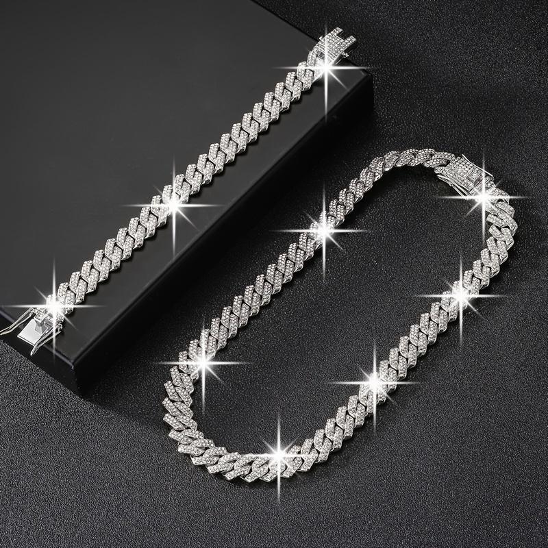 2-pack Cuban necklace and bracelet set hip-hop style jewelry set fashion Cuban chain dragon beard buckle design 14mm necklace suitable for party gatherings, Christmas and Halloween gifts