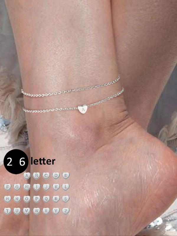 Letter Charm Link Anklet for Women for Gift, 1 Count Rhinestones Heart Decor Layered Anklet, Stainless Steel Matching Jewelry