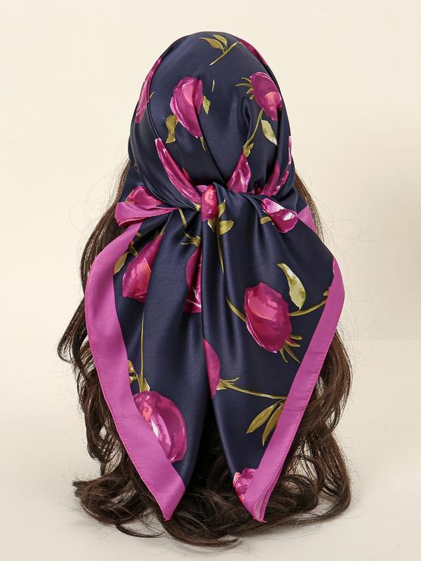 Women's Elegant Rose Print Square Scarf, Fashionable Contrast Binding Design Scarf for Daily Wear, Casual Versatile Scarf for Women