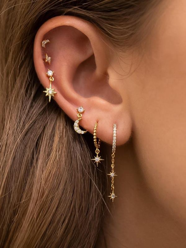 Star & Moon Design Dangle Earrings & Stud Earrings, Cute Rhinestone Decor Earrings Set, Fashion Jewelry Accessories for Women & Girls