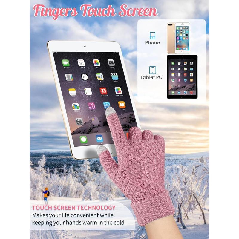 4 Counts Winter Glove and Hat Set Women Winter Hat Touchscreen Gloves Warm Knitted Beanie Hats and Gloves for Women