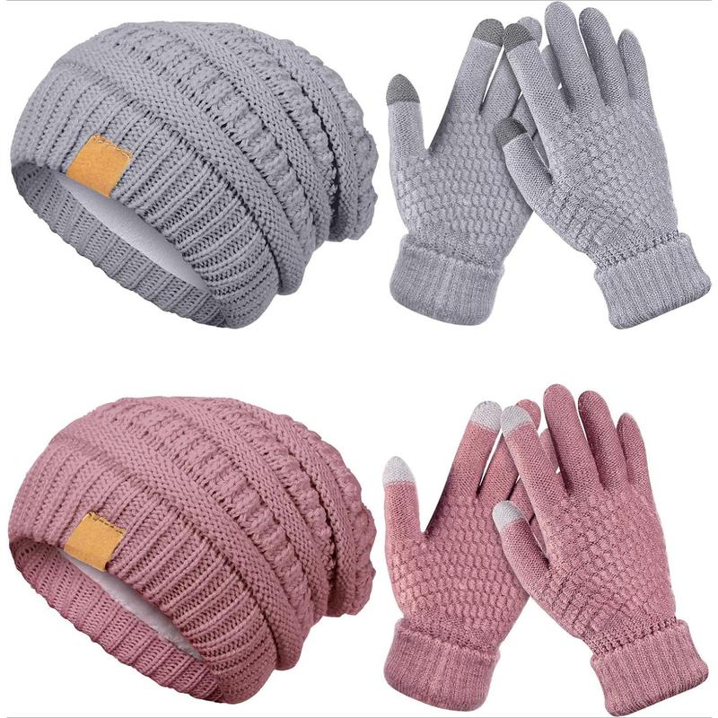 4 Counts Winter Glove and Hat Set Women Winter Hat Touchscreen Gloves Warm Knitted Beanie Hats and Gloves for Women