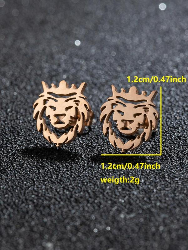 Lion Design Stud Earrings (1 Pair), Fashion Personality Stainless Steel Hollow Crown Lion Animal Stud Earrings for Men Women, Punk Charms Hypoallergenic Jewelry