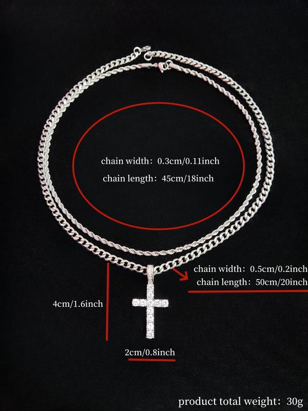 2024 Hip Hop Twist Chain Necklace & Rhinestone Cross Pendant Necklace, Birthday Gift for Bestie, Stainless Steel Matching Necklace Jewelry, Back To School Accessories, Fall Outfits, Fall Freshness Streetwear Mascs