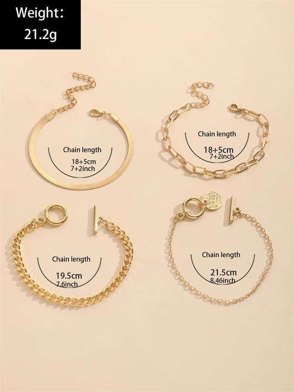 4pcs Set Simple Vintage Round Buckle Charm Alloy Chain Bracelet, Women's Fashion Casual Versatile Jewelry Accessories